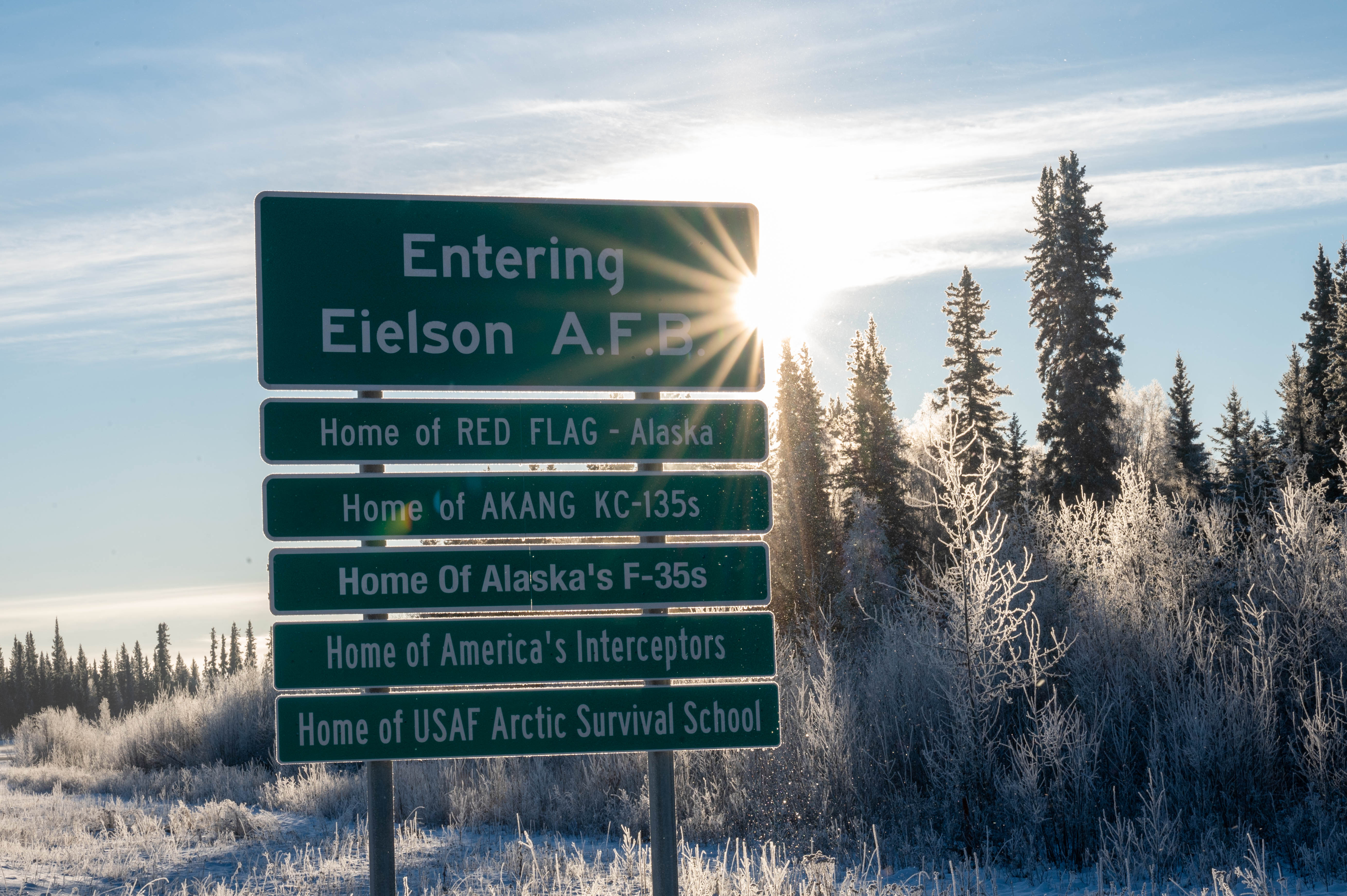 The Eielson Air Force Base welcome sign stands alongside the Richardson Highway at Eielson Air Force Base, Alaska, Oct. 25, 2024