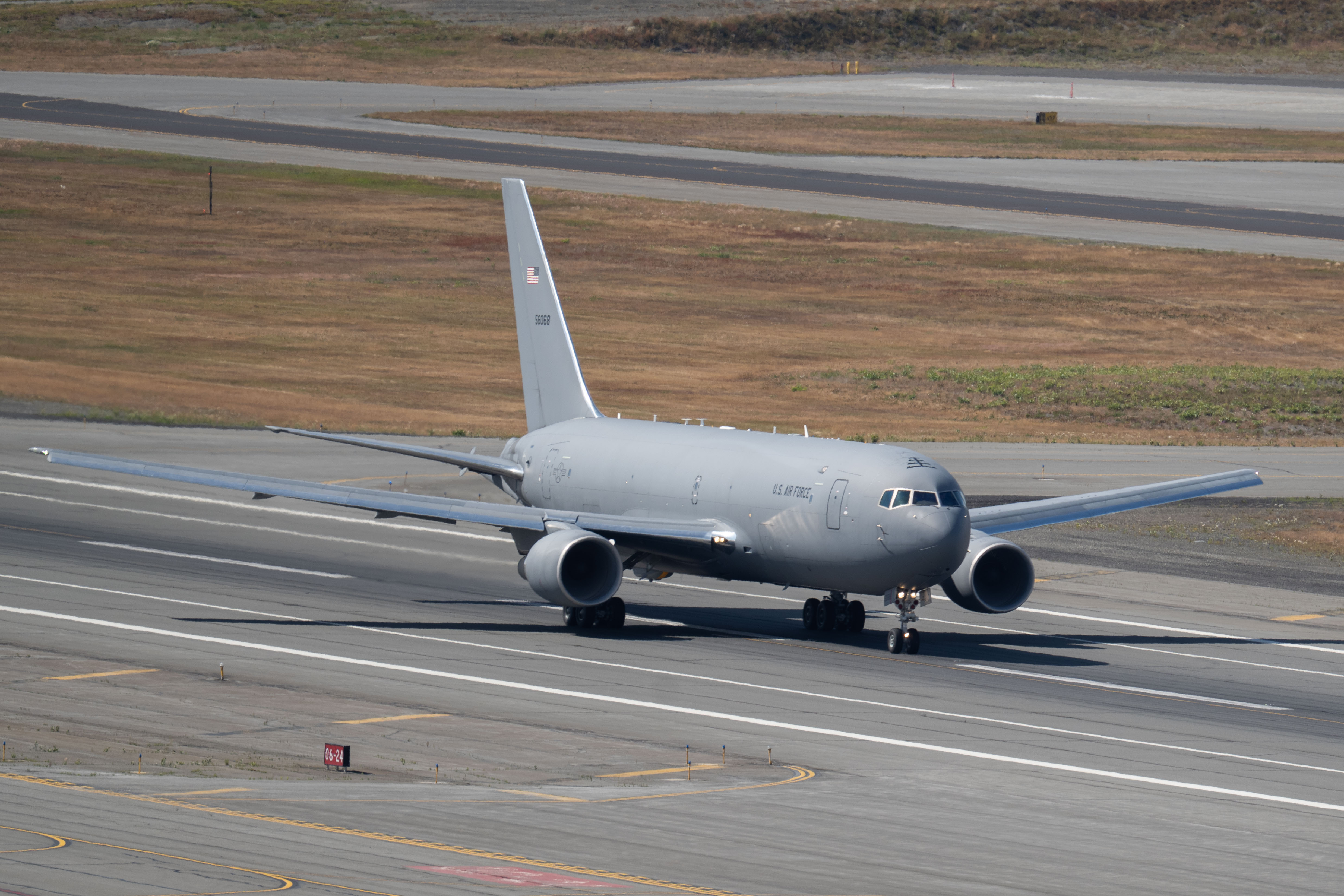 A U.S. Air Force KC-46 Pegasus prepares for takeoff during RED FLAG-Alaska 25-3 at Joint Base Elmendorf-Richardson, Alaska, July 22, 2025