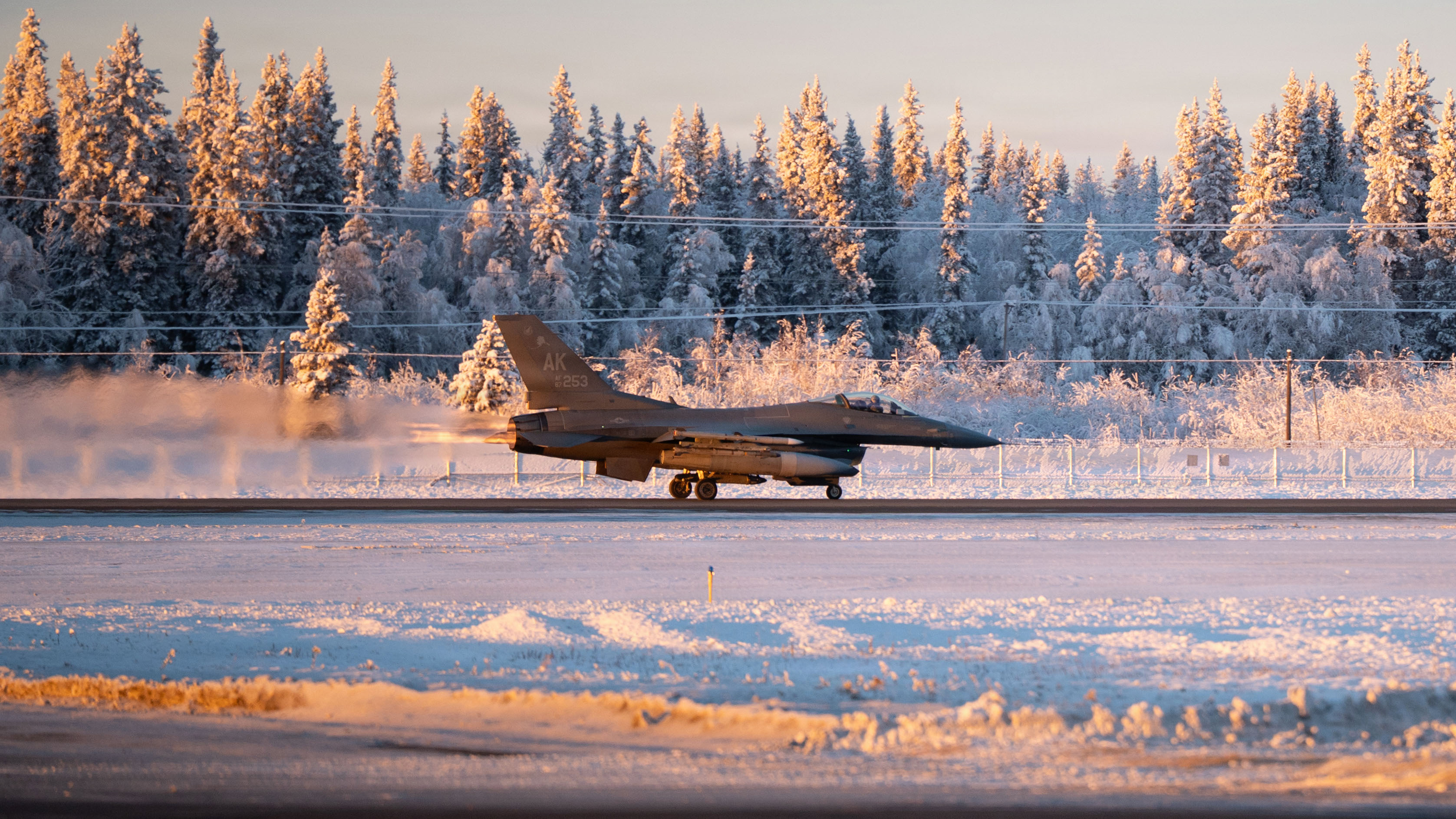 A U.S. Air Force F-16 Fighting Falcon assigned to the 18th Fighter Interceptor Squadron begins to take off at Eielson Air Force Base, Alaska, Nov. 18, 2025