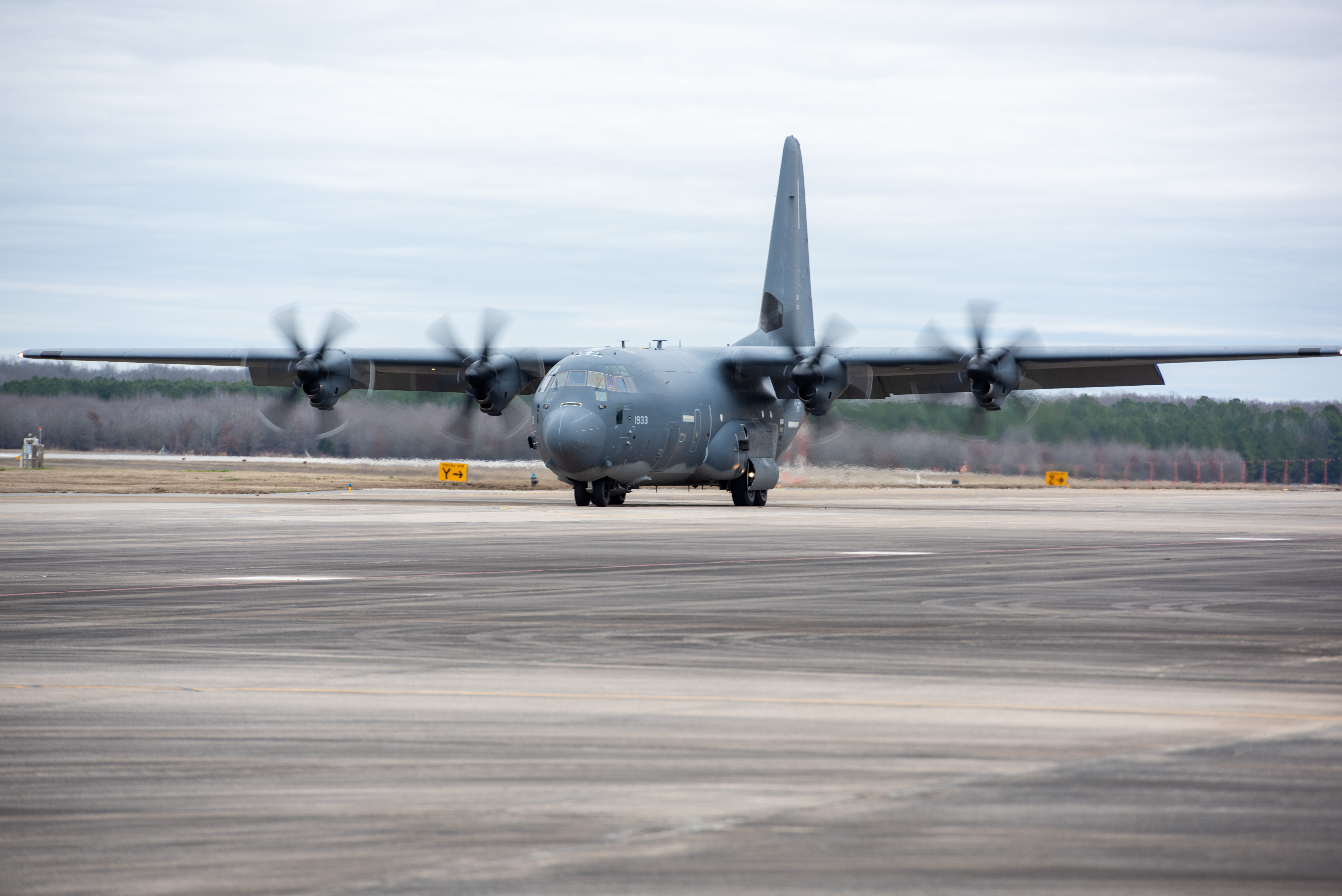 An EC-130J assigned to the 189th Airlift Wing taxis back at Little Rock AFB on February 7, 2024