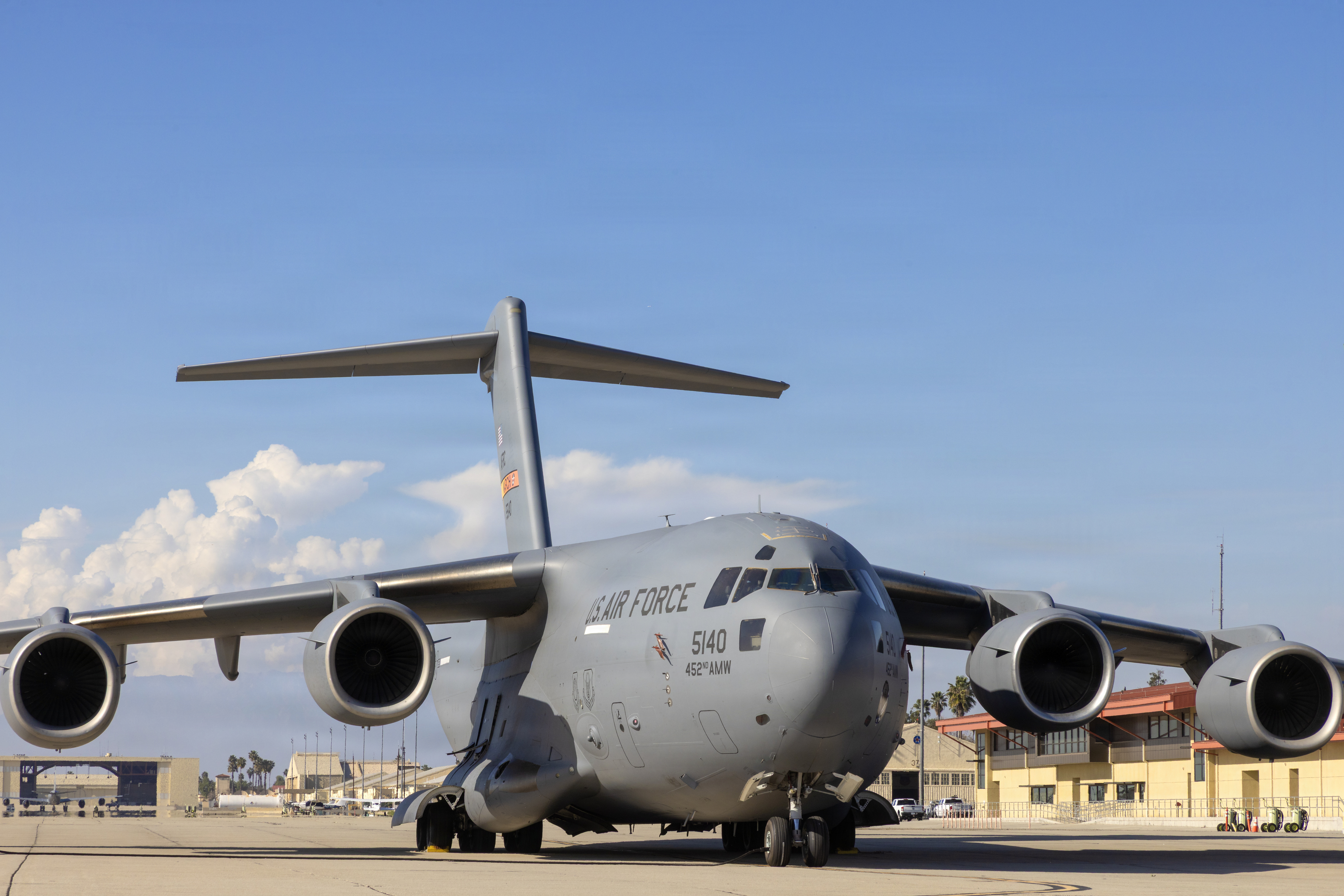 A C-17 Globemaster III assigned to the United States Air Force sits on the flight line at March Air Reserve Base, Calif., ready to support global airlift operations. 