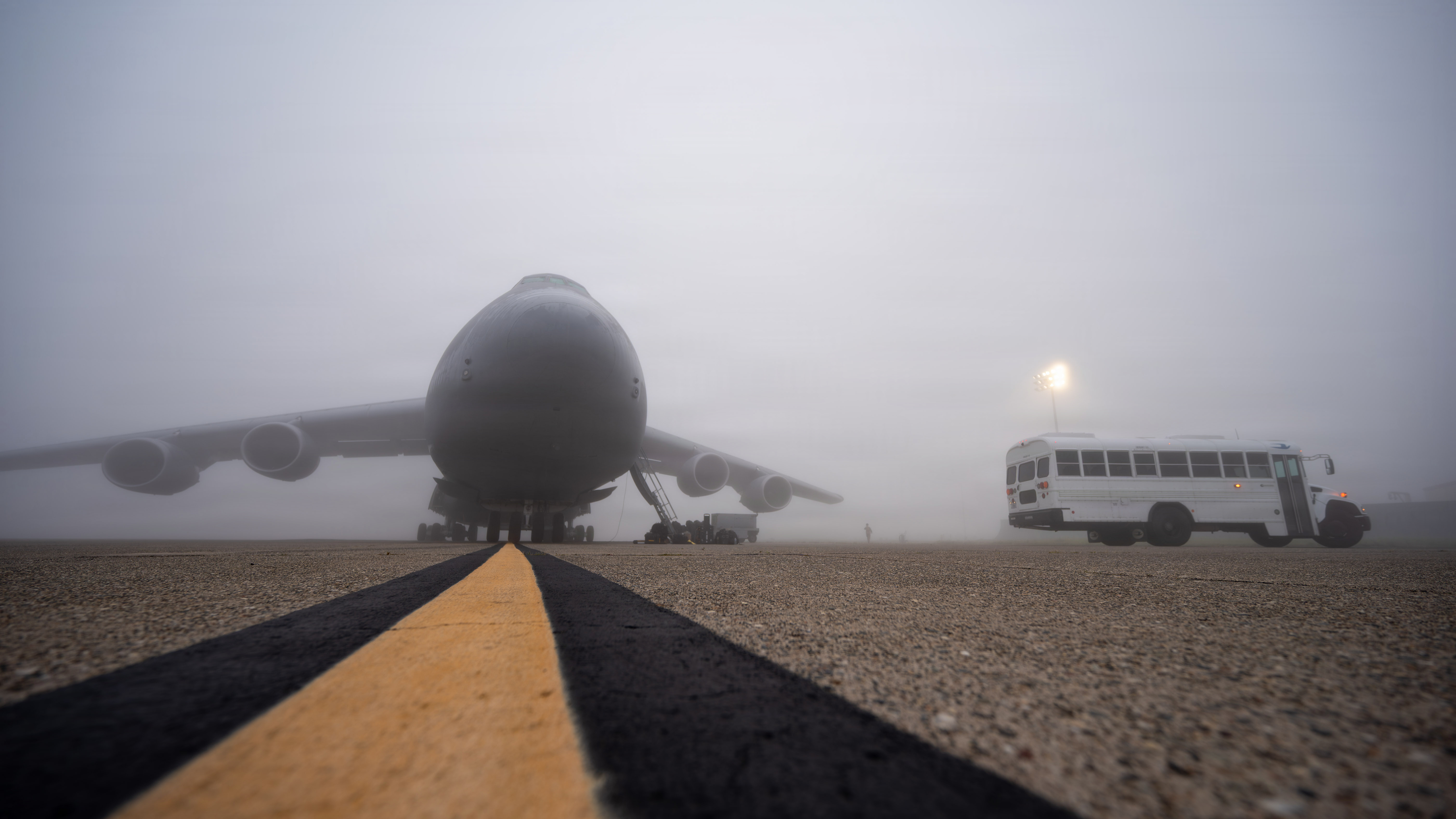 A U.S. Air Force C-5M Super Galaxy assigned to the 22nd Airlift Squadron undergoes pre-flight checks during Exercise Reef Runner on the flight line at Travis Air Force Base, California, Feb. 4, 2026
