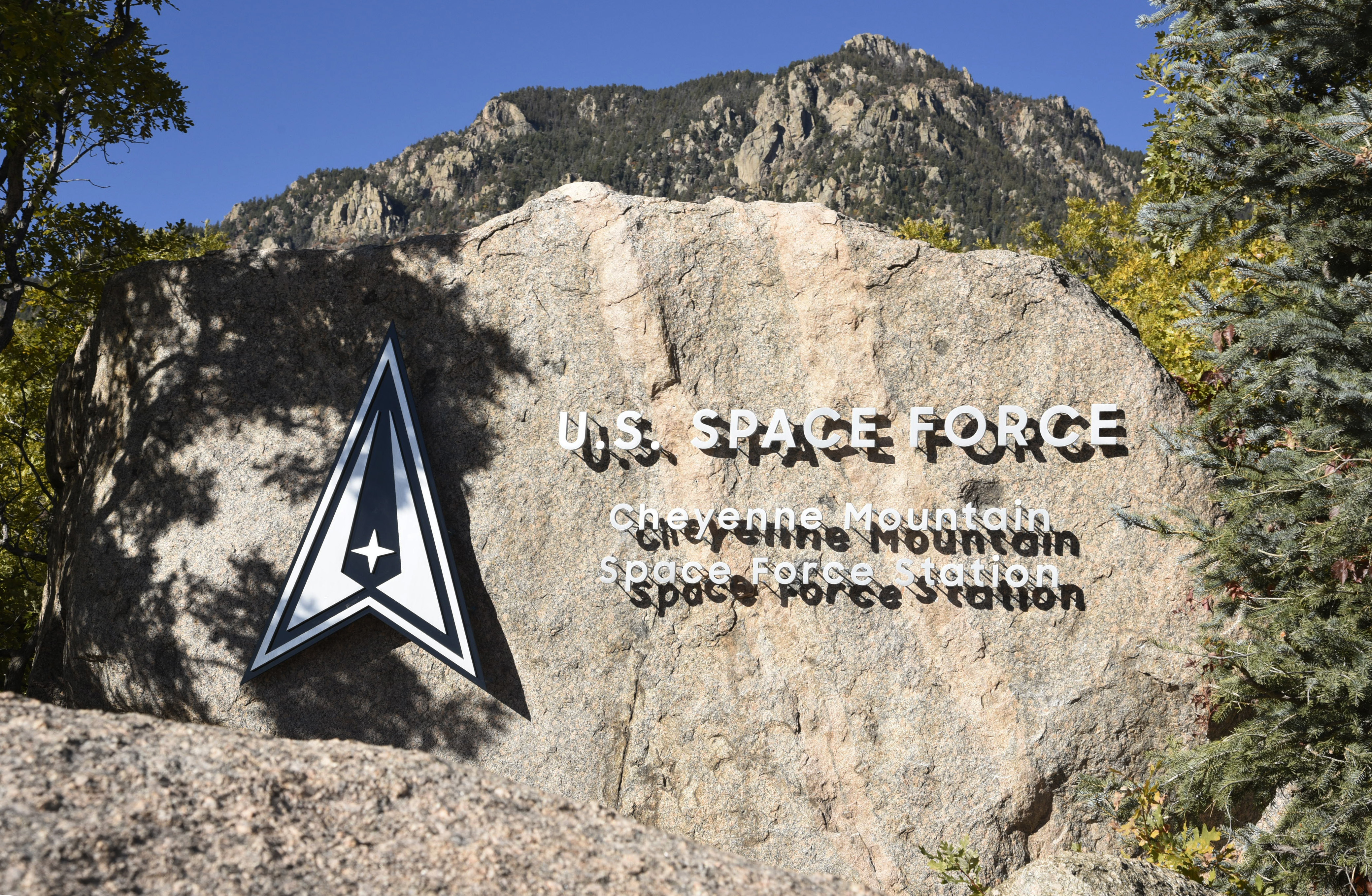 CHEYENNE MOUNTAIN SPACE FORCE STATION, Colo. - Cheyenne Mountain Space Force Station, Colorado, updated the base entry sign to reflect its name in honor of the new military branch, the U.S. Space Force on Oct. 16, 2021