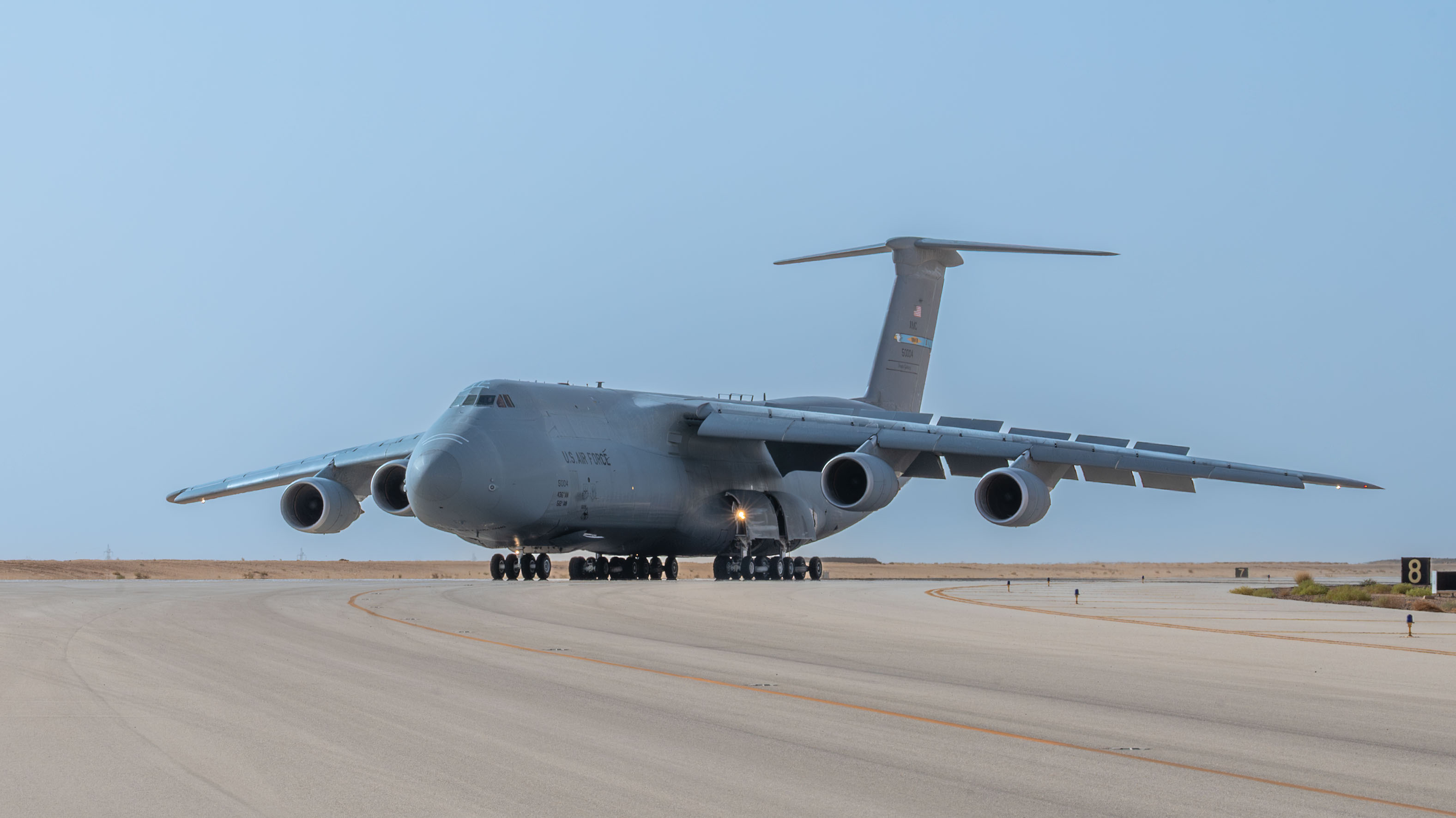 A C-5M Super Galaxy assigned to Dover Air Force Base, Del., taxis within the U.S. Central Command area of responsibility, May 29, 2025