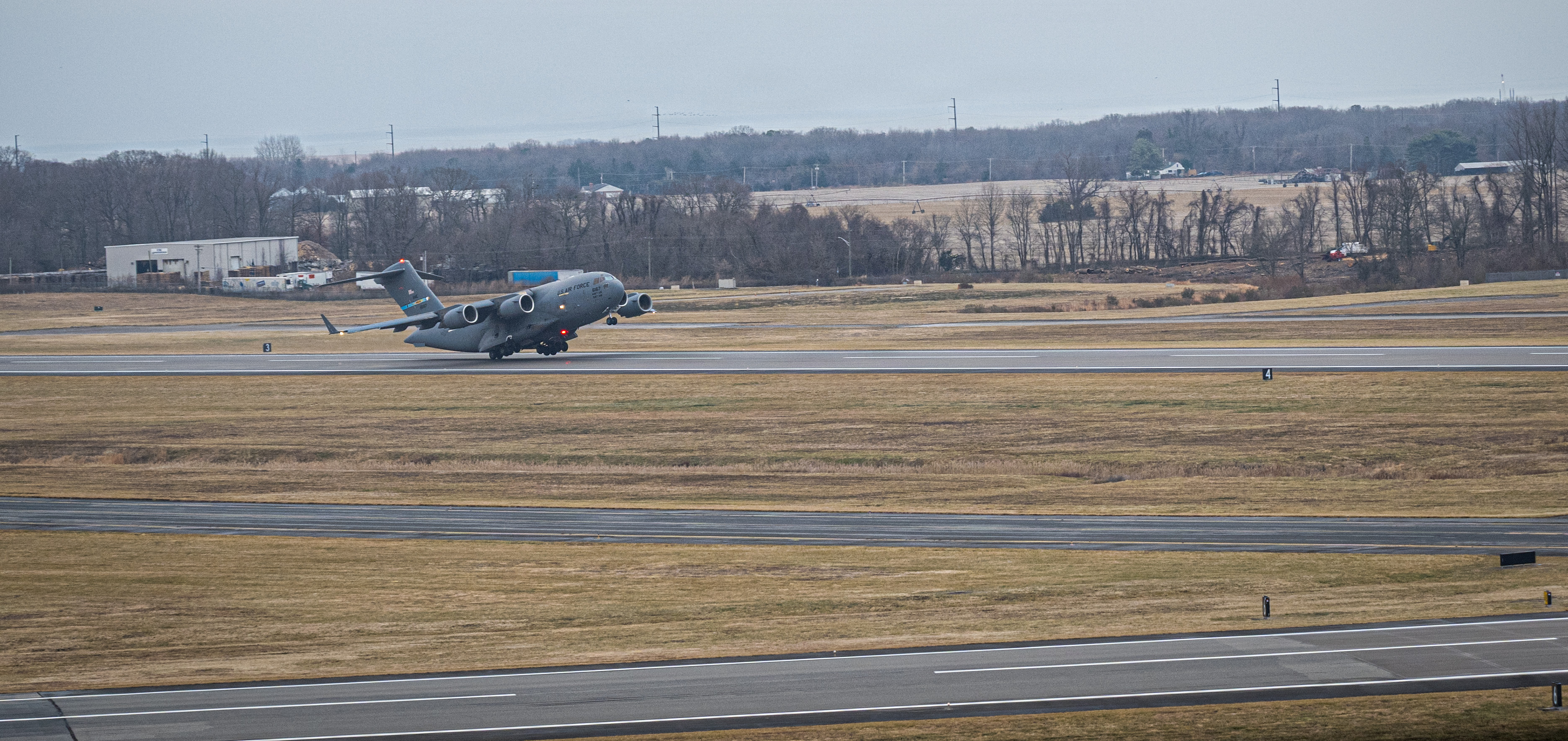 A U.S. Air Force C-17 Globemaster III takes off from Dover Air Force Base, Delaware, Dec. 29, 2025