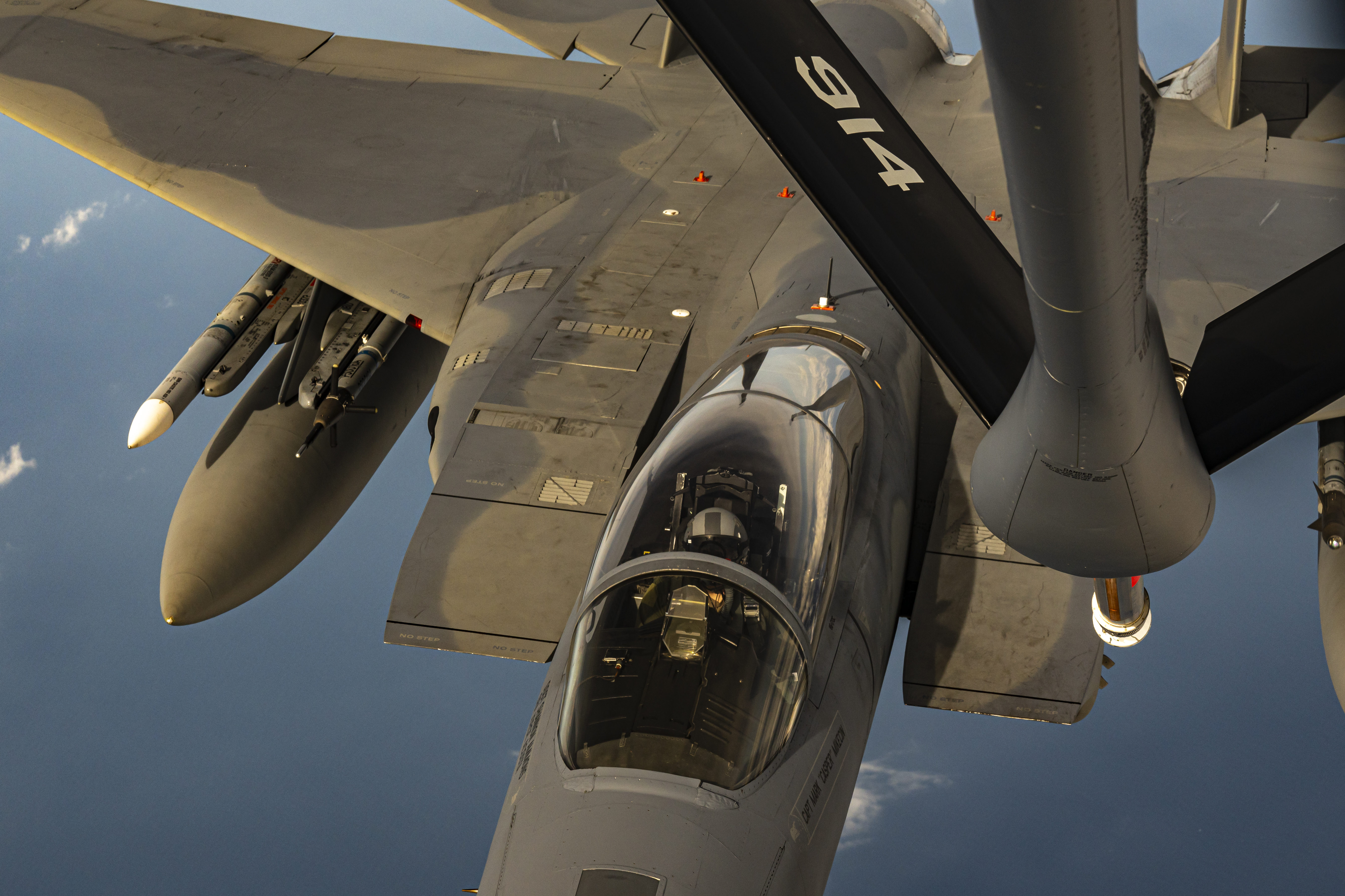 A U.S. Air Force F-15 Eagle receives fuel from an Air Force KC-135 Stratotanker during exercise Checkered Flag, Tyndall Air Force Base, Florida, May 14, 2024