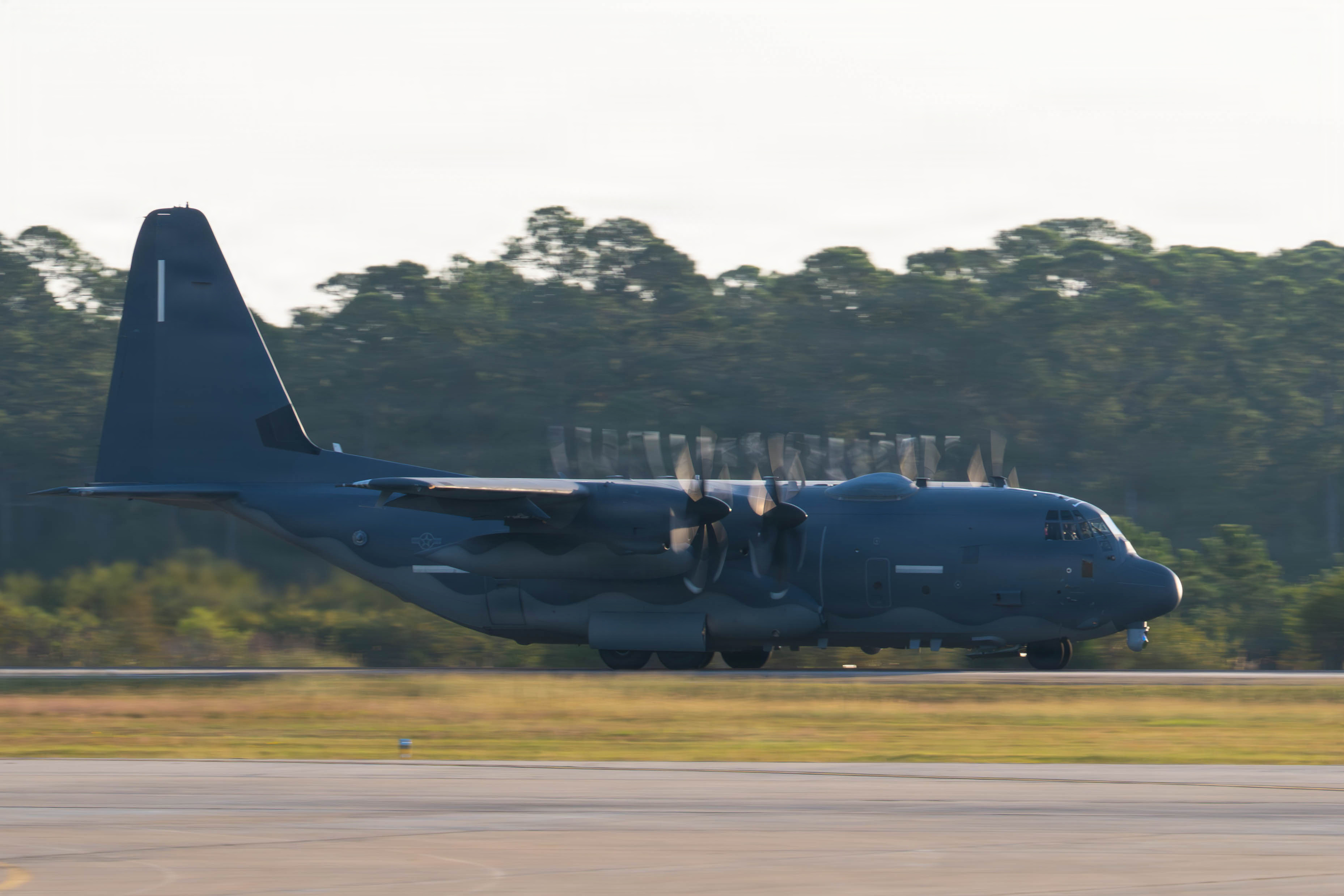 A U.S. Air Force AC-130J Ghostrider gunship assigned to the 1st Special Operations Wing takes off at Hurlburt Field, Florida, Oct. 9, 2025