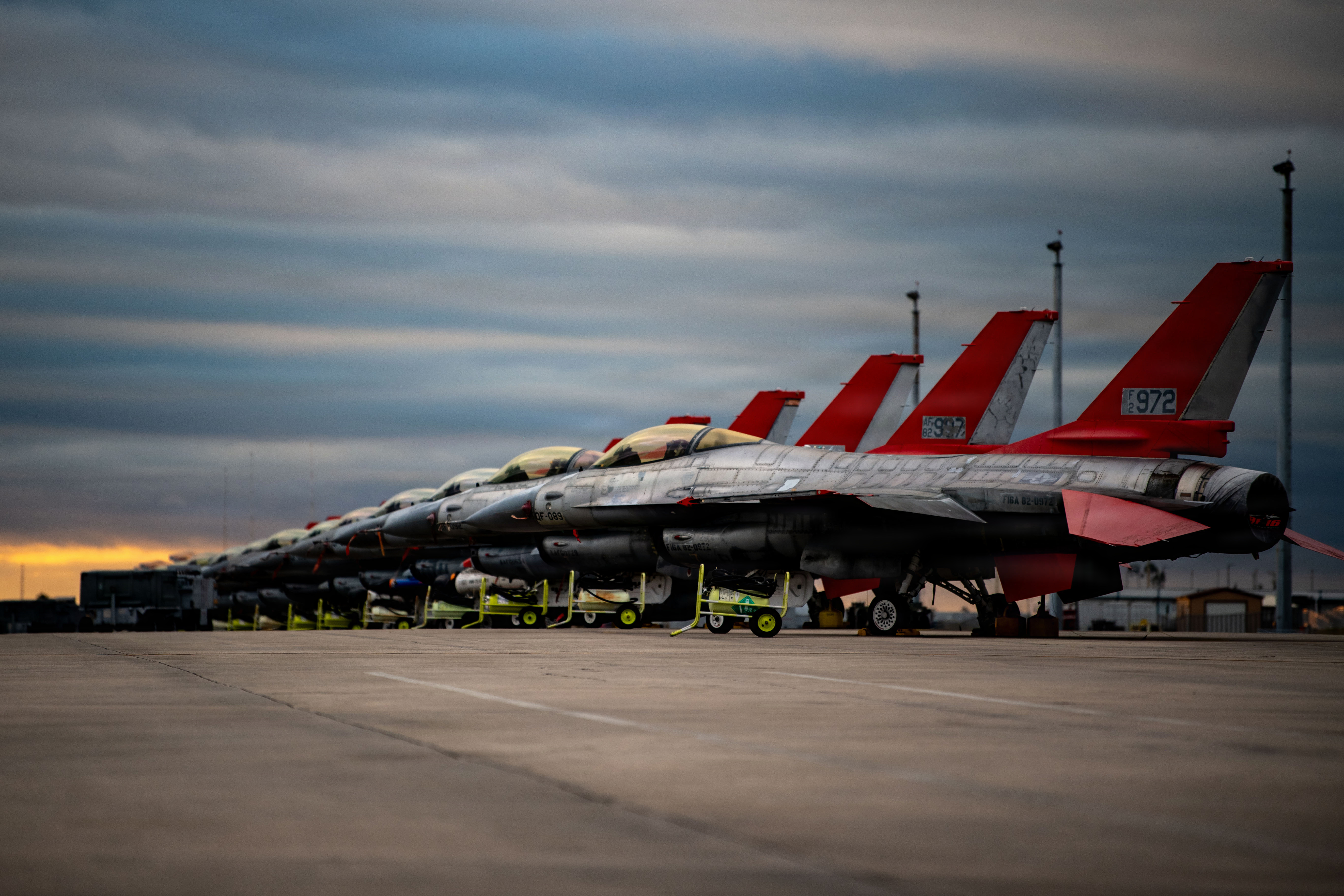 U.S. Air Force QF-16 Full-Scale Aerial Target aircraft assigned to the 325th Fighter Wing sit on the flight line during Checkered Flag 26-1 at Tyndall Air Force Base, Florida, Oct. 30, 2025