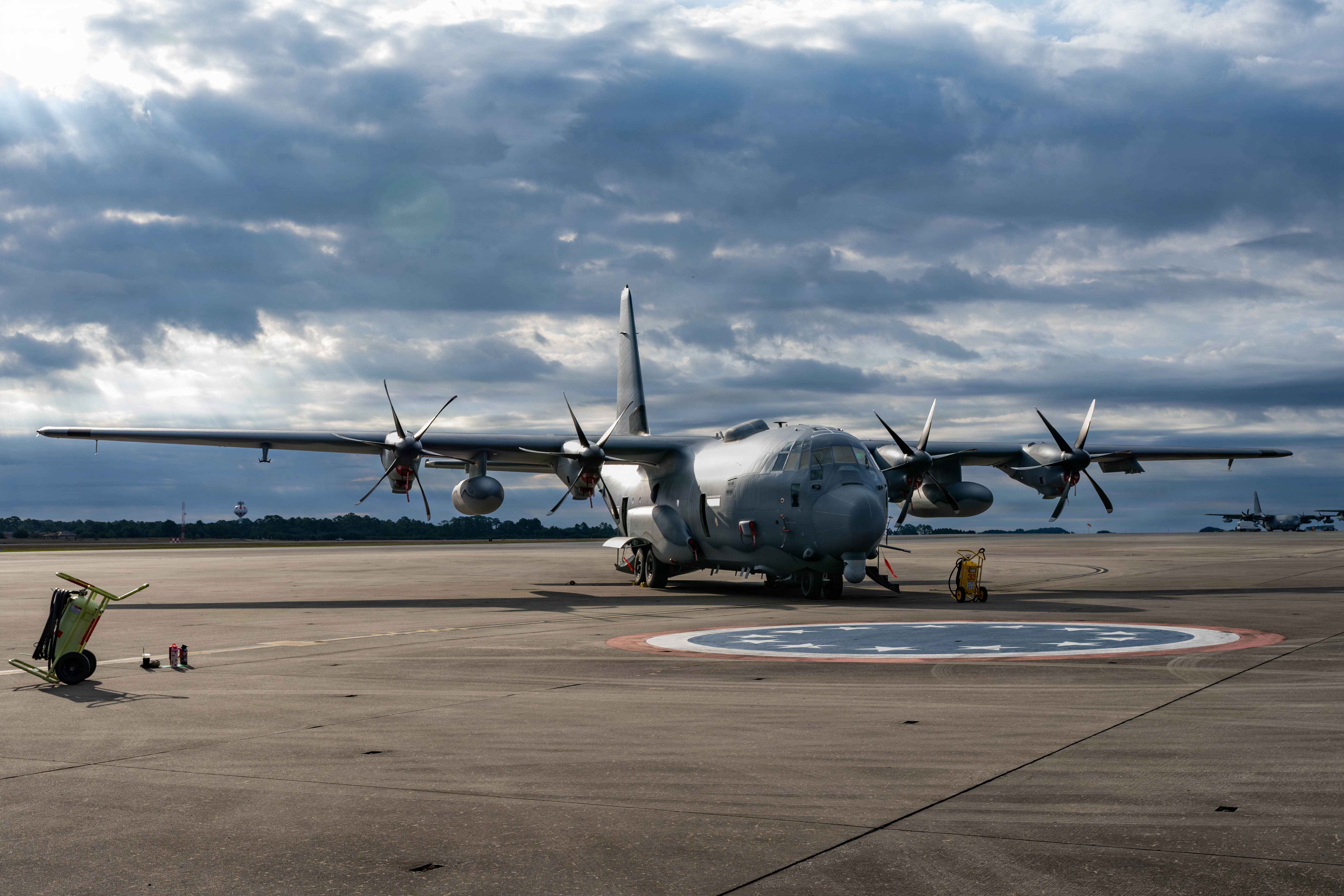 An AC-130J Ghostrider gunship assigned to Air Force Special Operations Command is parked at Hurlburt Field, Florida, Oct. 22, 2025