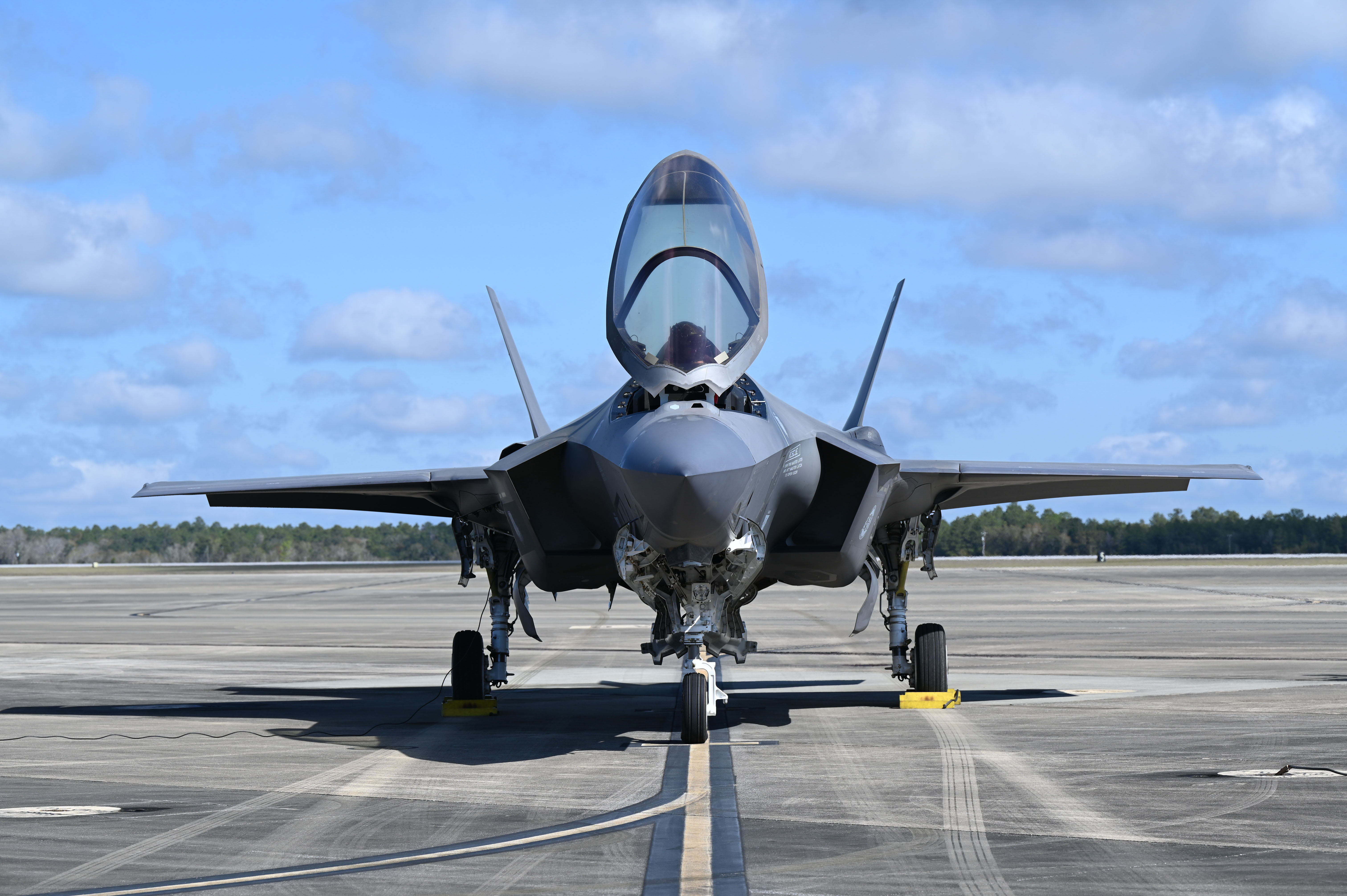 A U.S. Air Force 33rd Fighter Wing F-35A Lightning II sits on the flightline after a training exercise at Eglin Air Force Base, Florida, March 25, 2025
