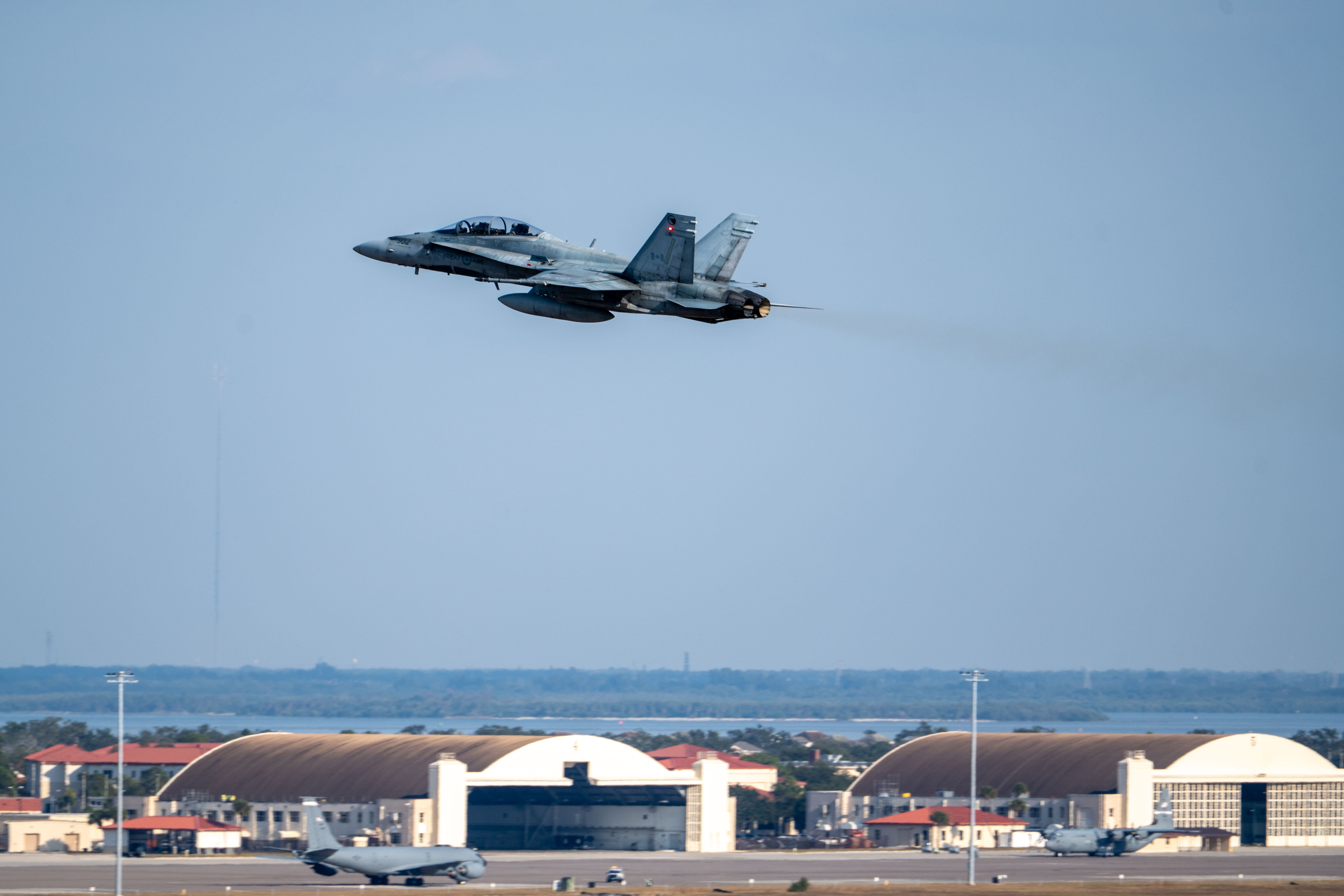A Royal Canadian Air Force CF-18A Hornet assigned to the 410th Tactical Fighter [Operational Training] Squadron departs MacDill Air Force Base during Exercise Nighthawk Rage 2025, Nov. 18, 2025