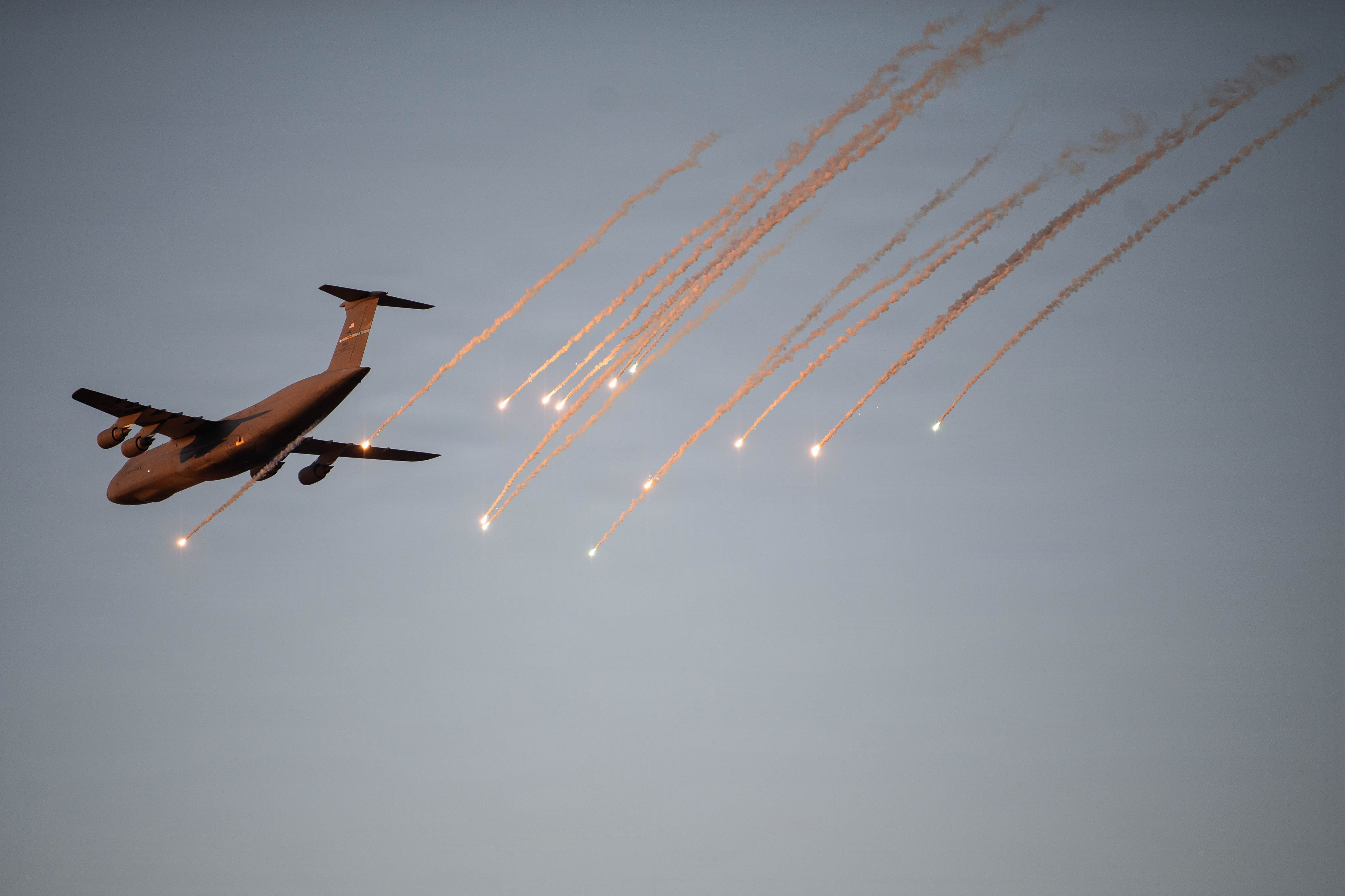 A C-5M Super Galaxy conducts flare testing operations at Eglin Air Force Base, Florida, Feb. 13, 2026