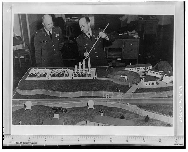 Photocopy of photograph showing model display NIKE Hercules firing battery, ARADCOM Argus pg. 11, from Institute for Military History, Carlisle Barracks, Carlisle, PA, March 1, 1961