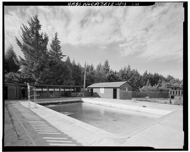 Mill Valley Early Warning Radar Station OBLIQUE VIEW OF THE POOL BUILDING 307 AND THE POOL 308, LOOKING WEST.